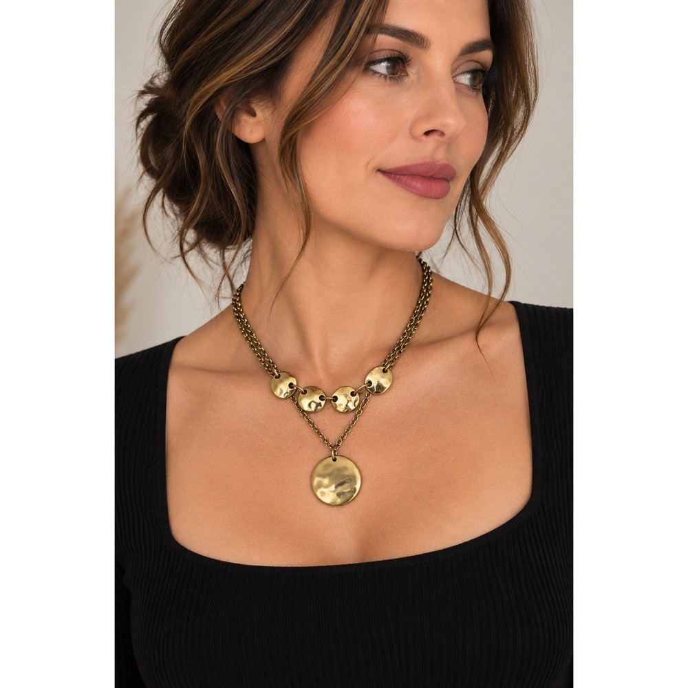 Chico's Gold Tone Double Layer Disc Pendant Necklace Modern Minimalist